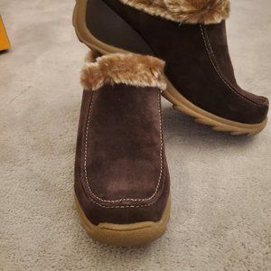 Sporto Margot mules, brown suede, faux fur trim, size 7 1/2M